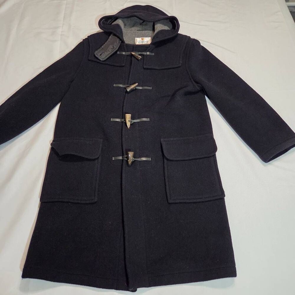 VINTAGE TIBBETT WOOL DUFFLE COAT JACKET NAVY BLUE W/ HOOD WOMENS SIZE 10 USA